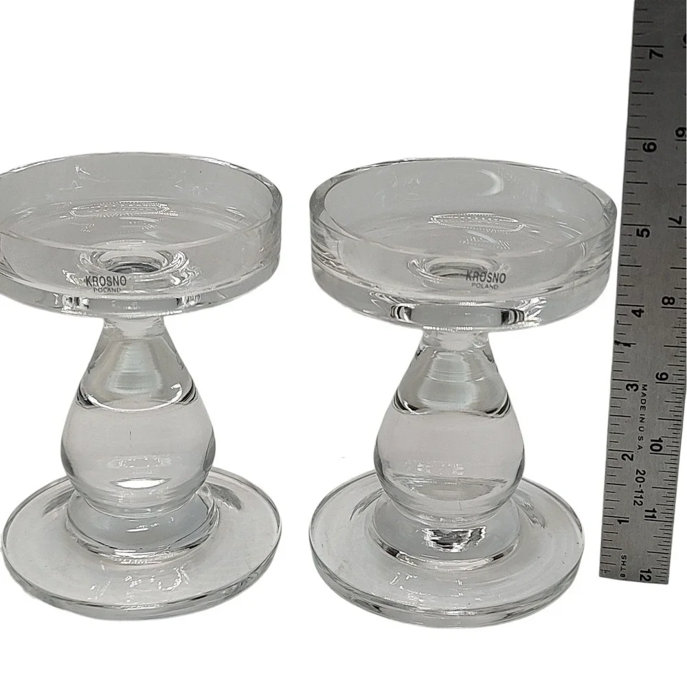 Vintage Krosno Glass Pillar Candle Holder Poland Handmade Crystal Set of Two‎